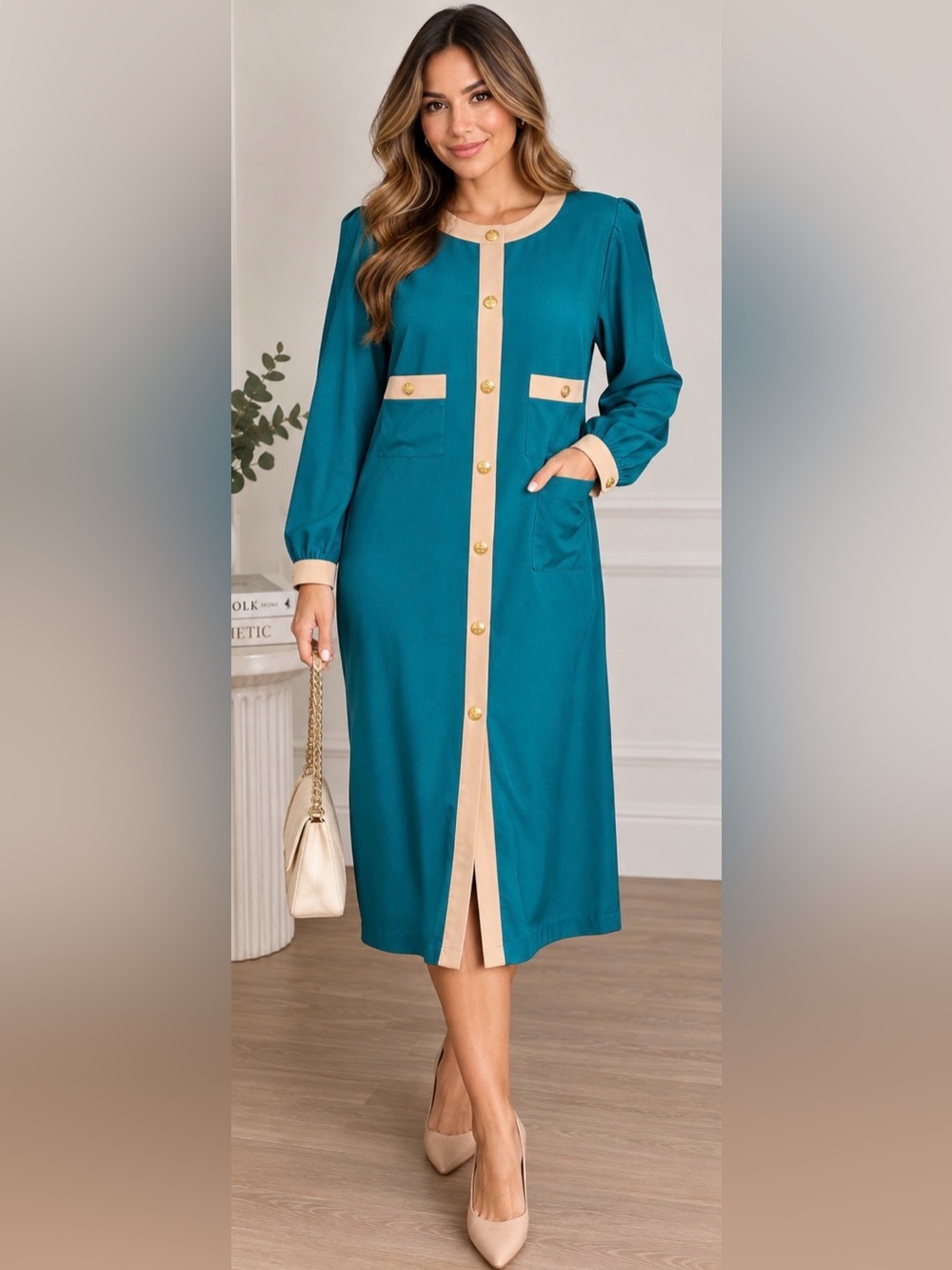 Vintage Neiman Marcus 100% Silk Teal Colorblock Midi Dress Gold Buttons. Sz 12